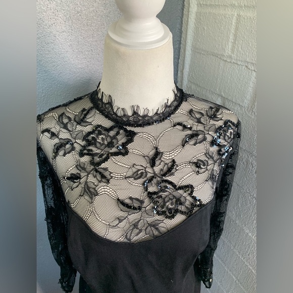 Tadashi Shoji Lace Sequins Bodycon Stretch Black Dress sz 8 - Picture 4 of 8